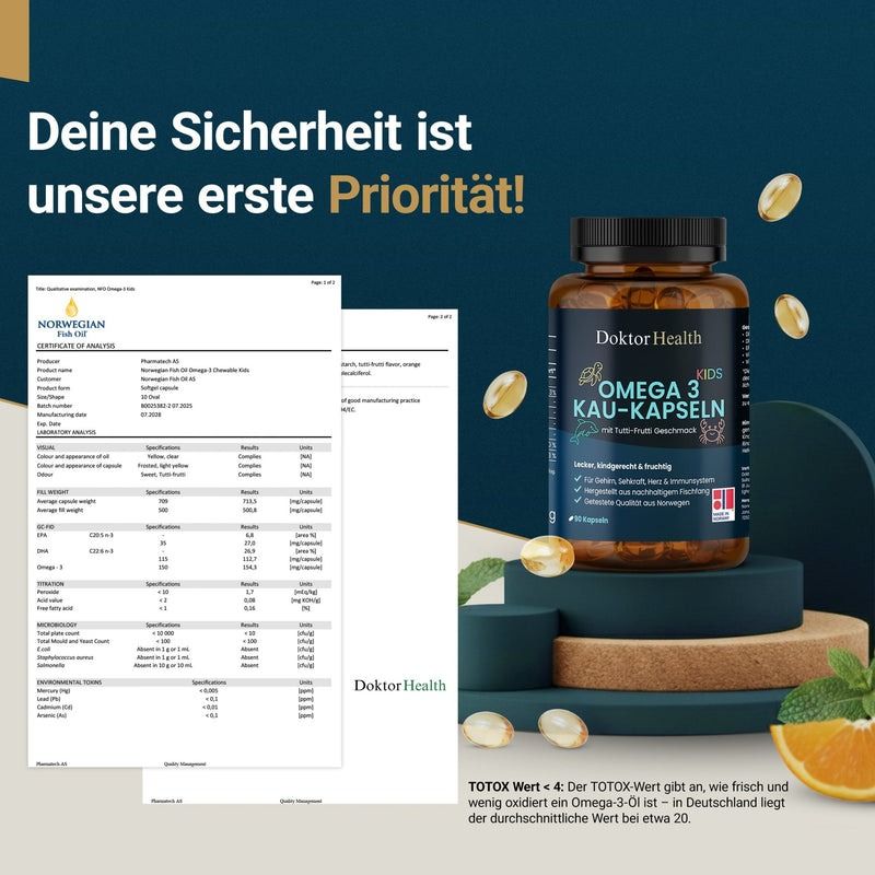 Doktor Health Omega-3 masticabili e documenti. Certificati e analisi. Testo: La tua sicurezza è la nostra priorità!