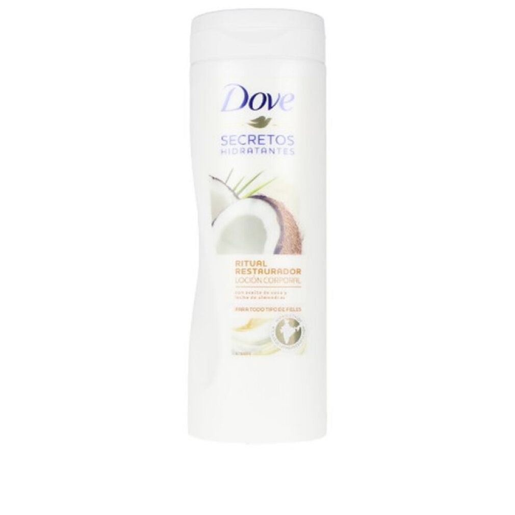 Lozione corpo Dove con cocco e mandorle. Flacone bianco con immagine di cocco.
