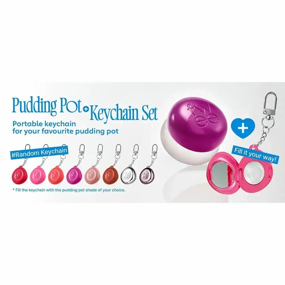 Pudding Pot + Keychain Set. Portachiavi con contenitori rosa. Testo: #Random Keychain.