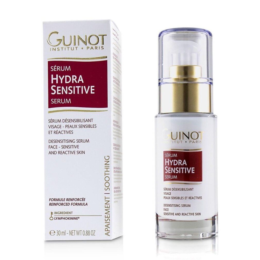 Flacone di siero e scatola. Flacone: bianco, dorato, trasparente. Etichetta rossa con testo: Hydra Sensitive Serum. Scatola: bianca, rossa.