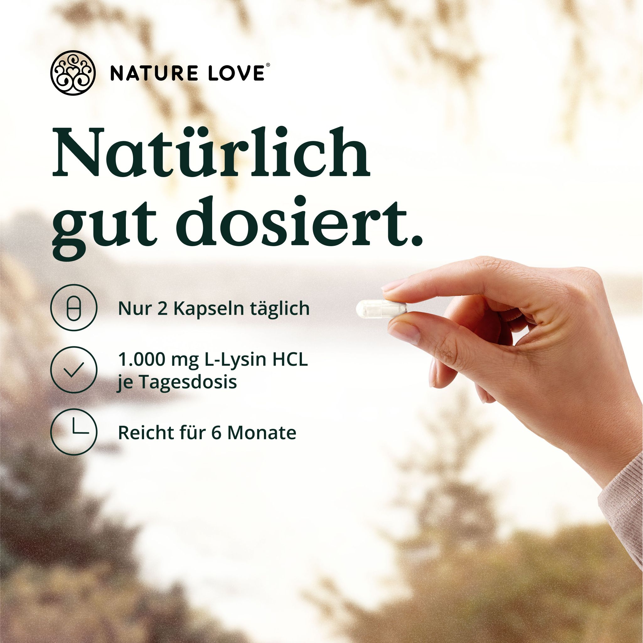 Mano che tiene una capsula. Testo: 2 capsule al giorno, 1.000 mg L-Lisina HCL, per 6 mesi. Marchio: NATURE LOVE®.