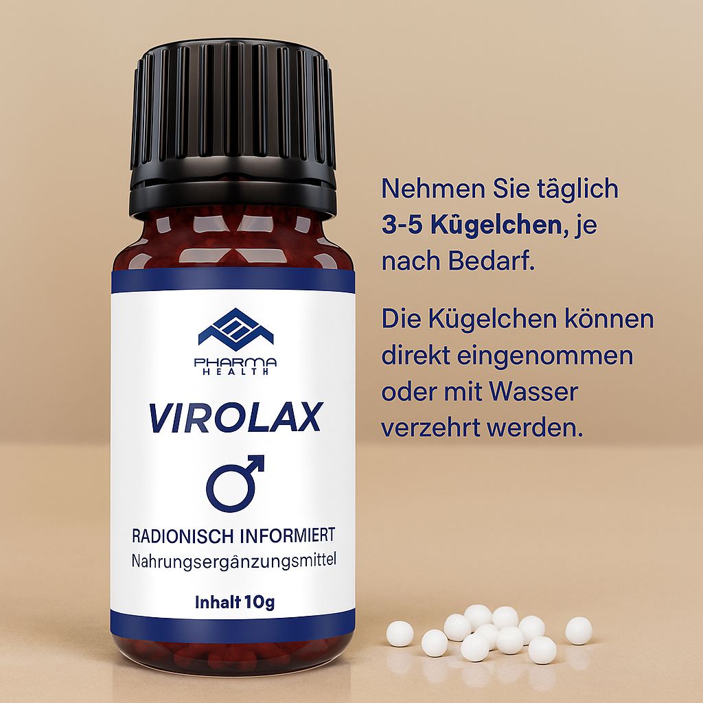 Flacone di vetro marrone con tappo nero. Etichetta bianca con logo, nome del prodotto Virolax e indicazione del contenuto 10g. Globuli accanto.