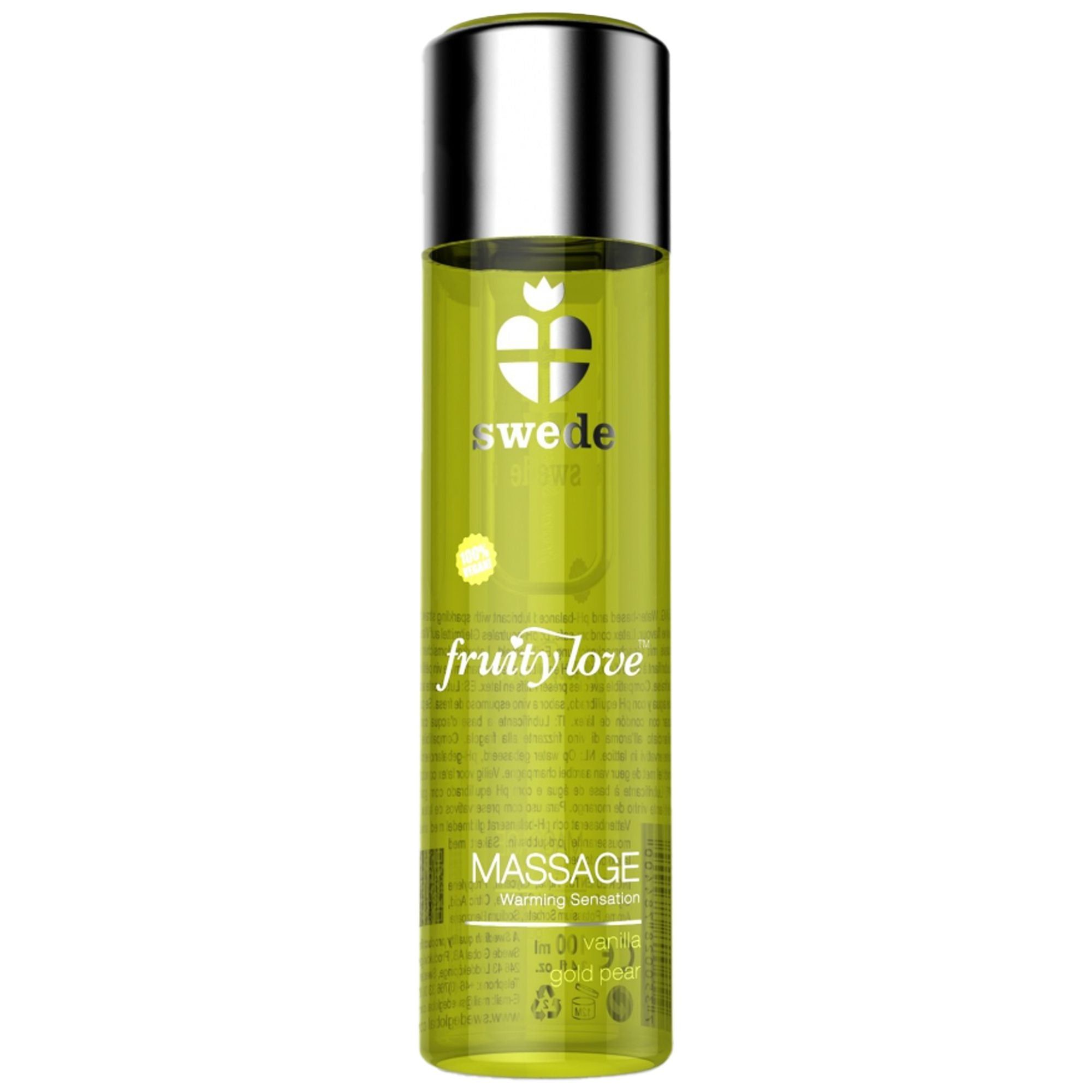 Flacone verde con tappo argentato. Scritta: Swede, Fruity Love, Massage.