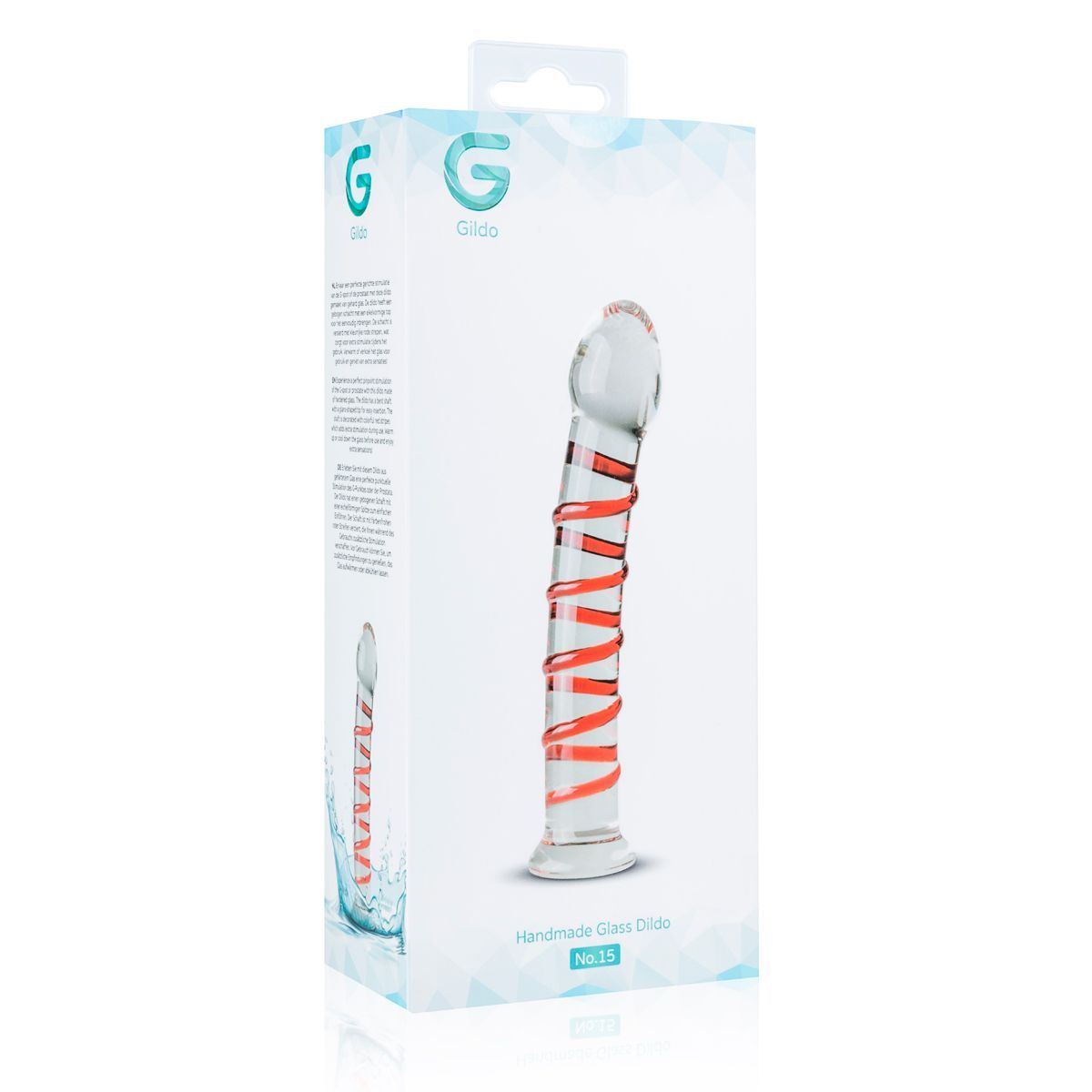Confezione del dildo in vetro No. 15. Scatola bianca con immagine del prodotto e logo. Testo: Dildo in vetro fatto a mano No. 15.