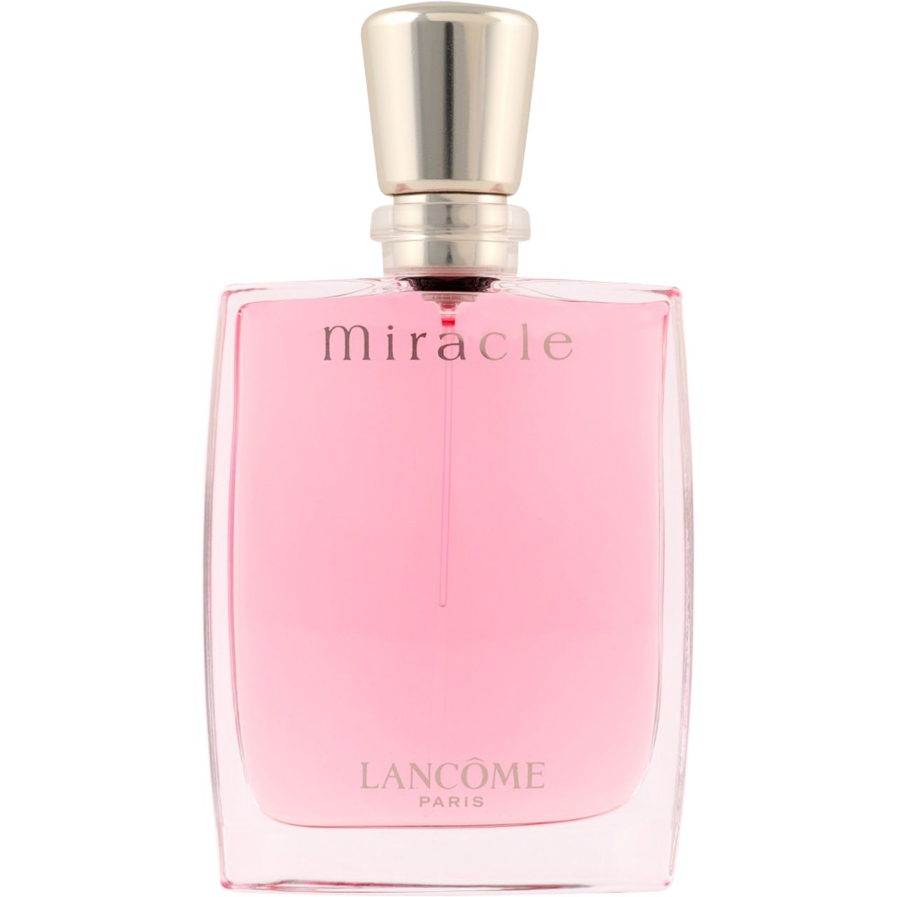 Flacone LANCÔME Miracle, liquido rosa, tappo argento. Scritta: Miracle, LANCÔME.