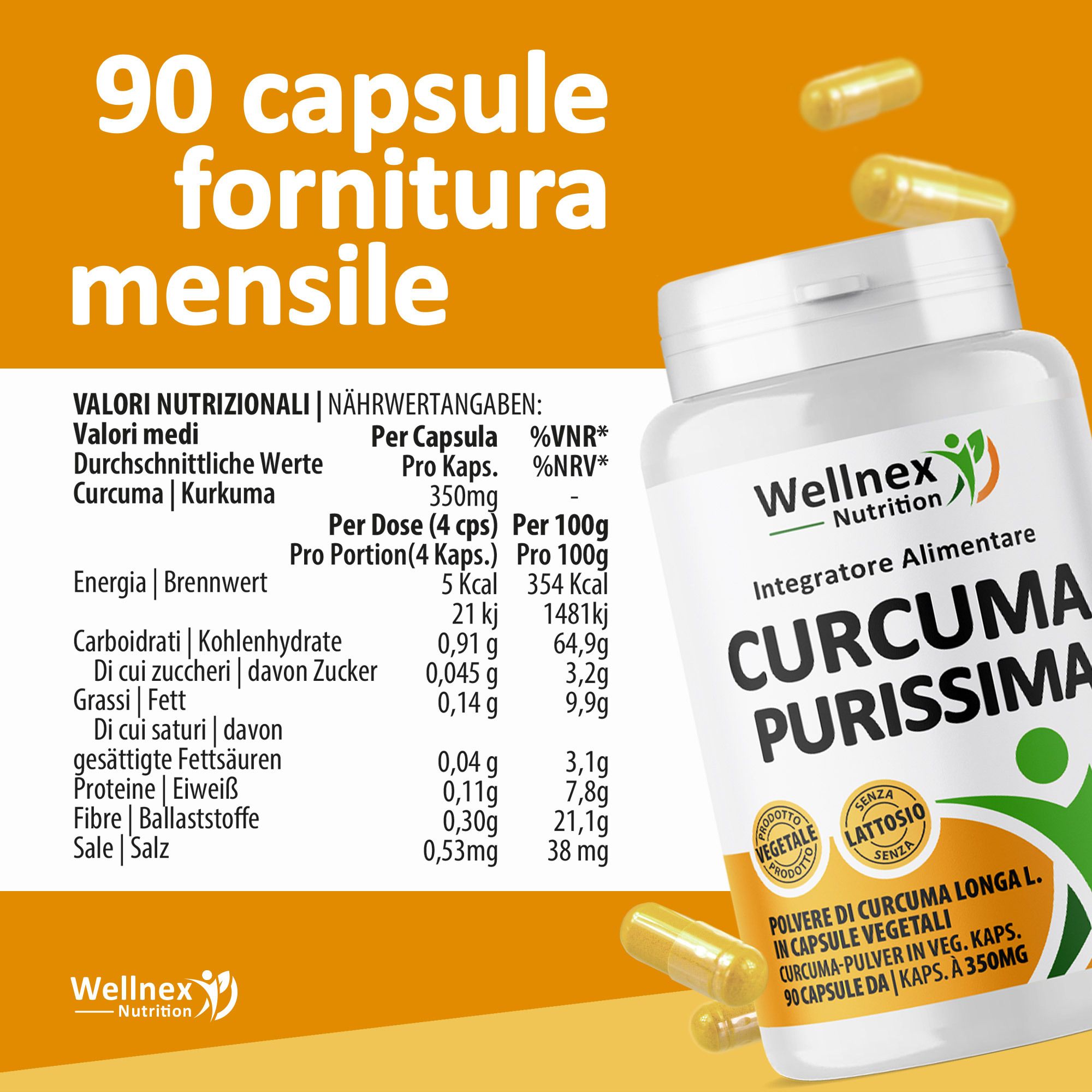 Wellnex Nutrition Curcuma Purissima Polvere - Curcuma Longa - 90 Capsule Vegetali