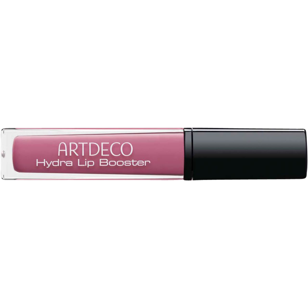 Artdeco Hydra Lip Booster. Liquido rosa in un contenitore rettangolare trasparente con tappo nero. Nome del prodotto visibile.