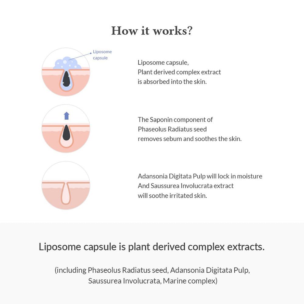 Illustrazione che spiega il meccanismo d'azione delle capsule liposomiali ed estratti vegetali sulla pelle.