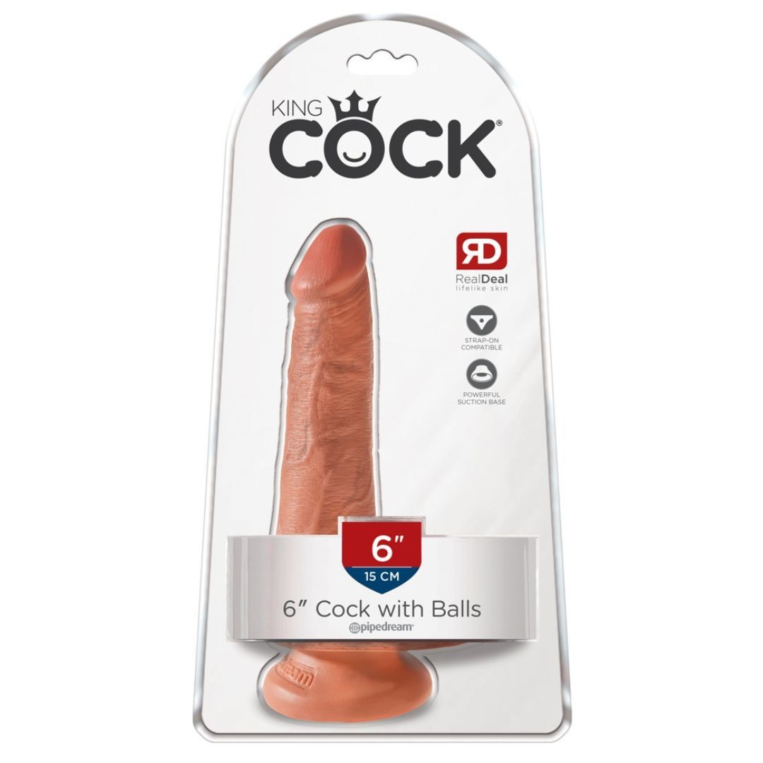 Dildo da 6 pollici, confezionato. Marchio King Cock. Con testicoli. Silicone color carne.