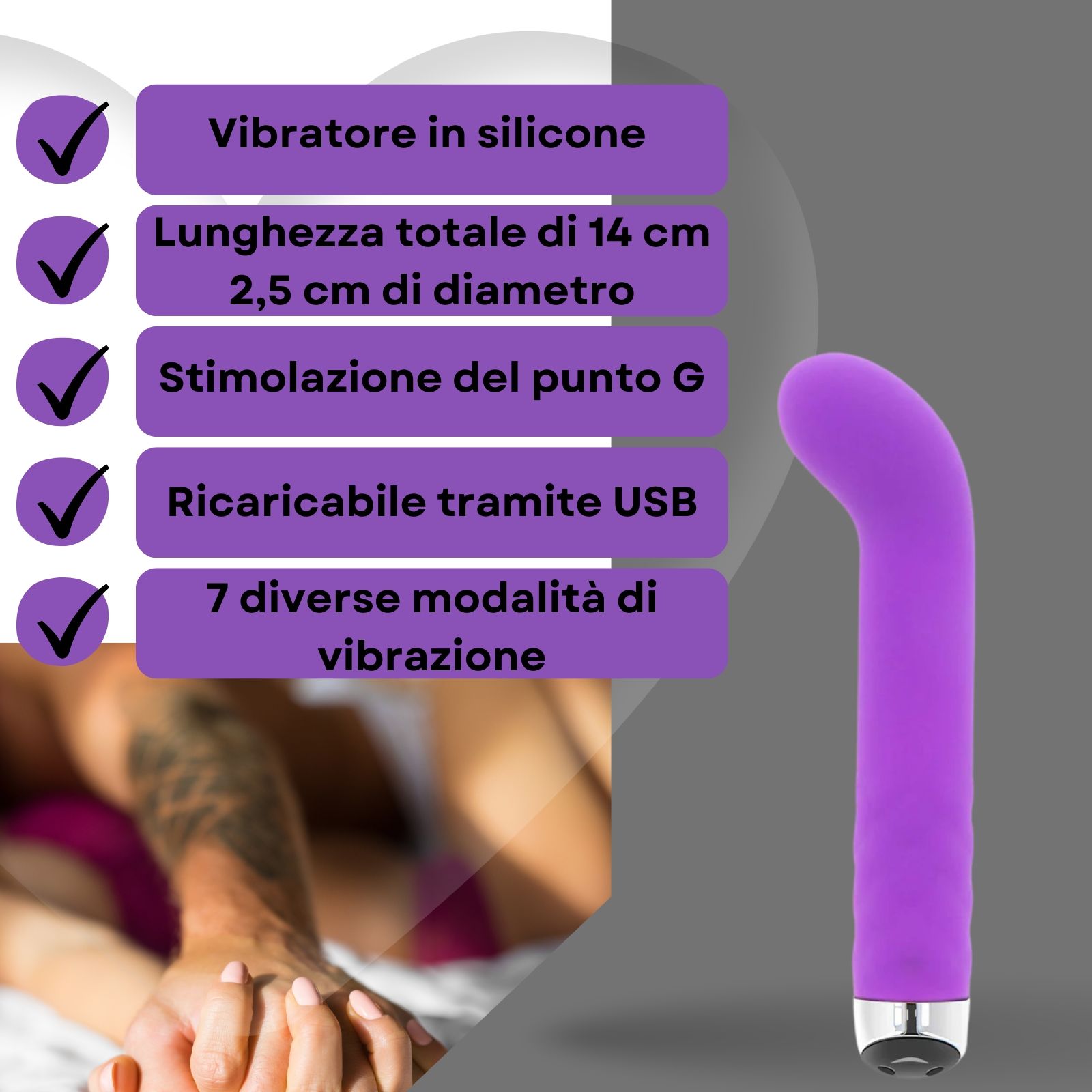 Vibratore viola. Testo con caratteristiche: silicone, 14cm lungo, 2,5cm diametro, punto G, USB, 7 modalità.