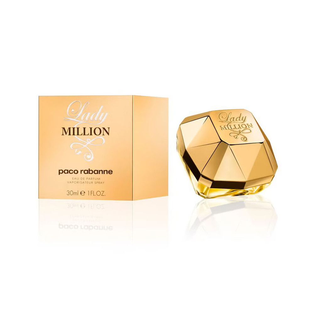 Flacone e scatola dorati. Scritta "Lady Million" e "paco rabanne". 30ml.
