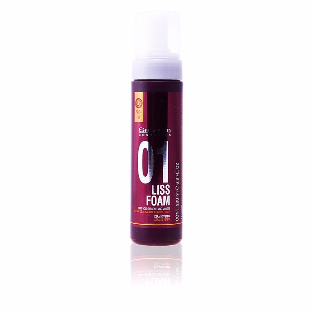 Flacone con erogatore bianco. Scritta: 01 LISS FOAM. Flacone rosso scuro con testo bianco. Marchio Salerm Cosmetics.