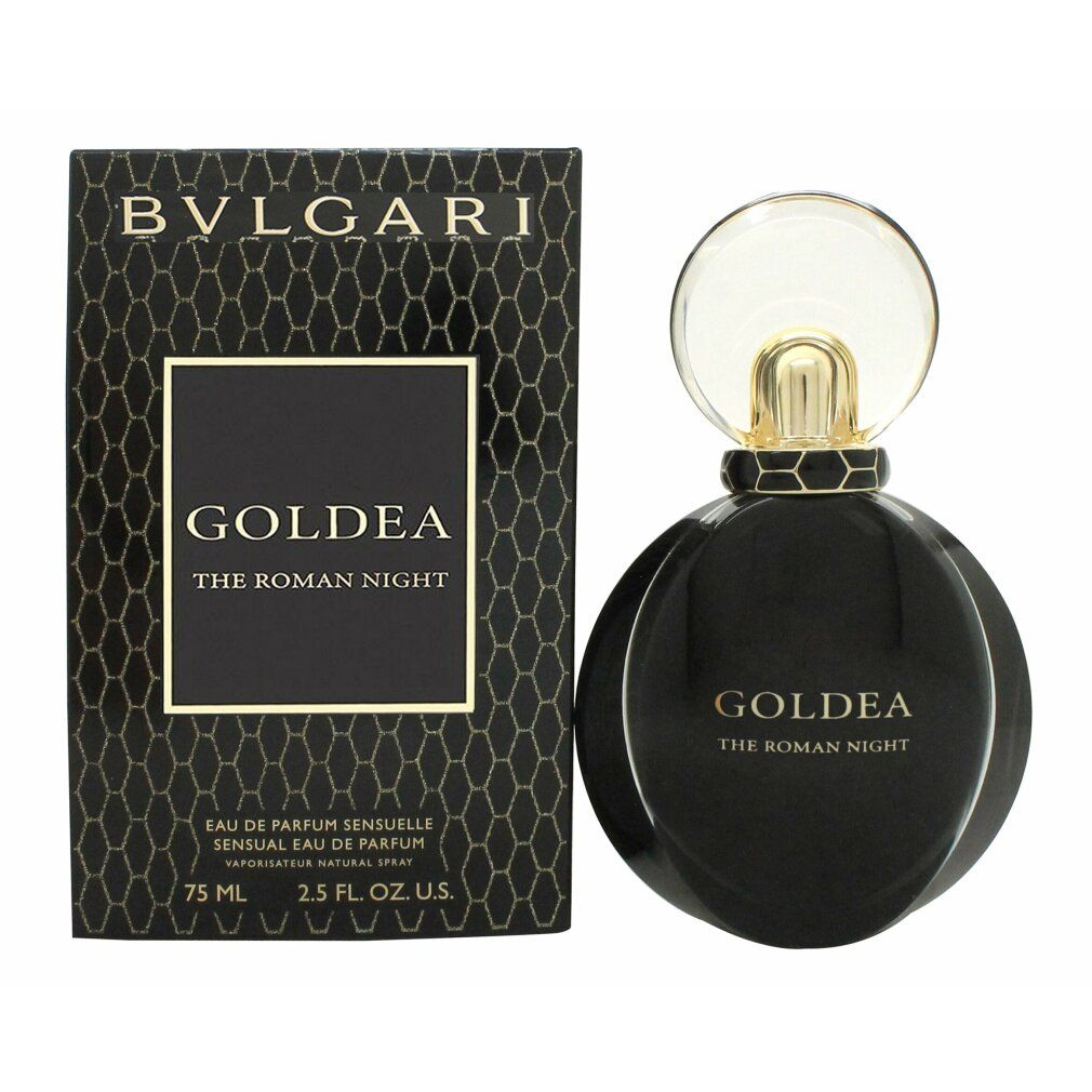 Flacone e confezione neri. Scritta: Goldea The Roman Night. Marchio: Bvlgari. 75 ml.