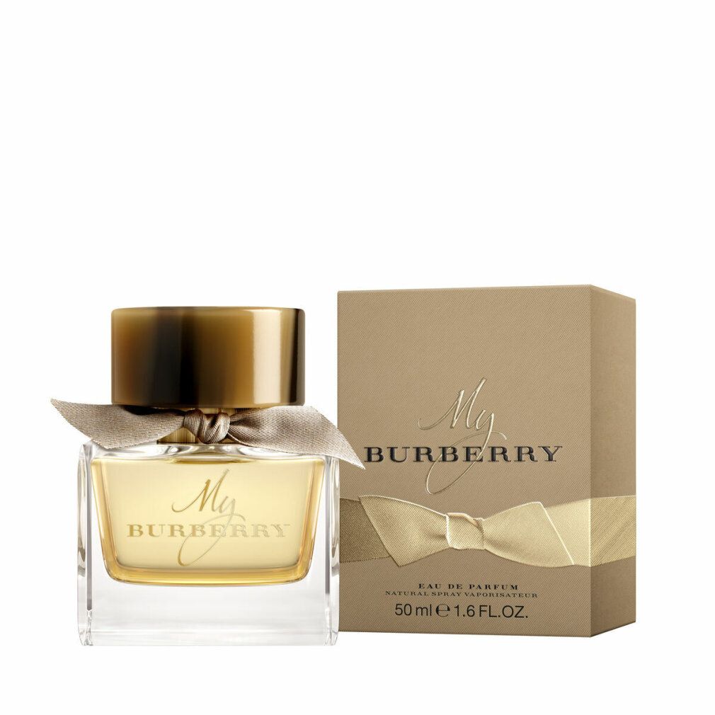 Flacone di profumo e confezione. Flacone con fiocco e tappo. Confezione con fiocco e scritta My Burberry.