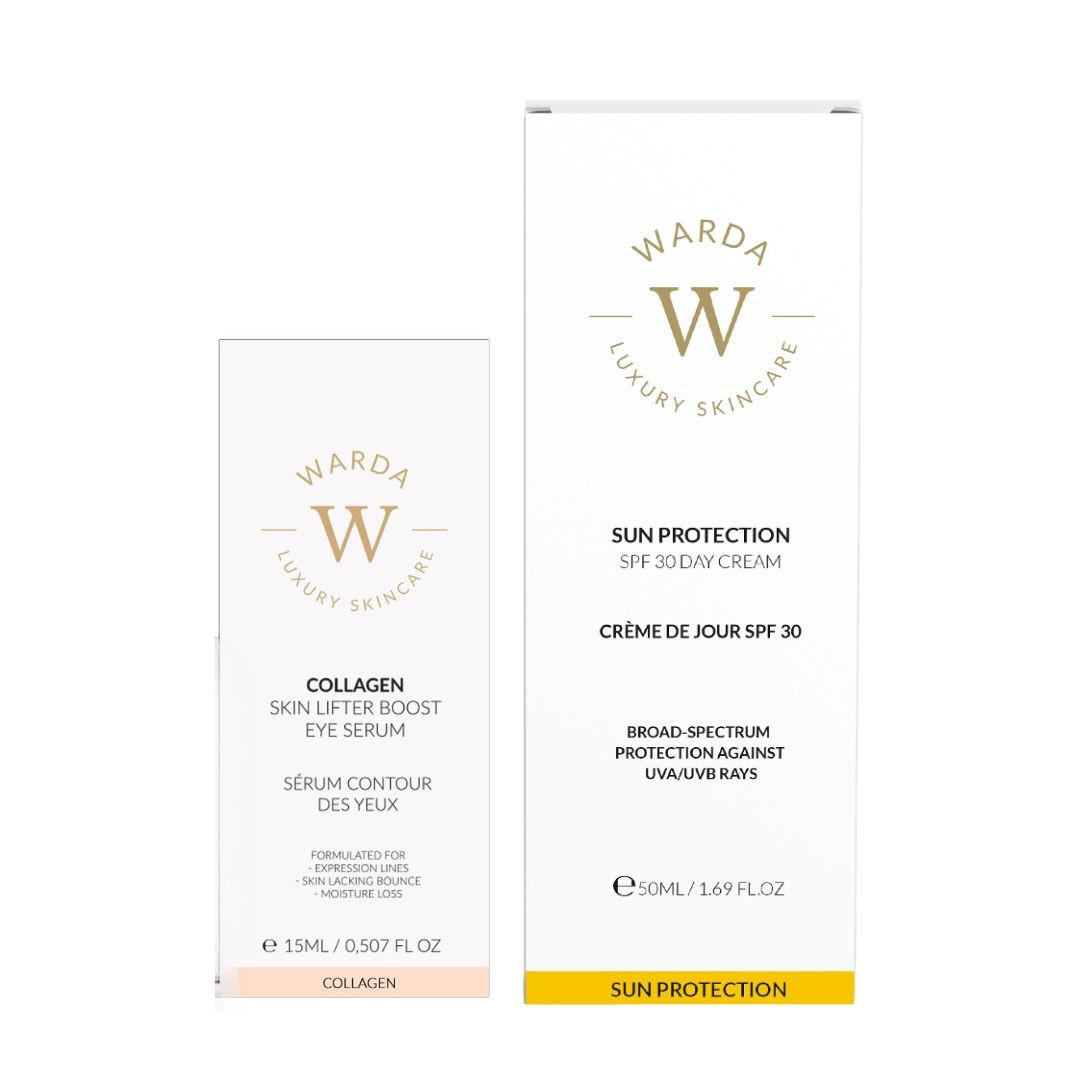 Prodotti Warda Luxury Skincare: Siero collagene, crema giorno SPF 30. Confezione. Bianco, giallo. Testo.