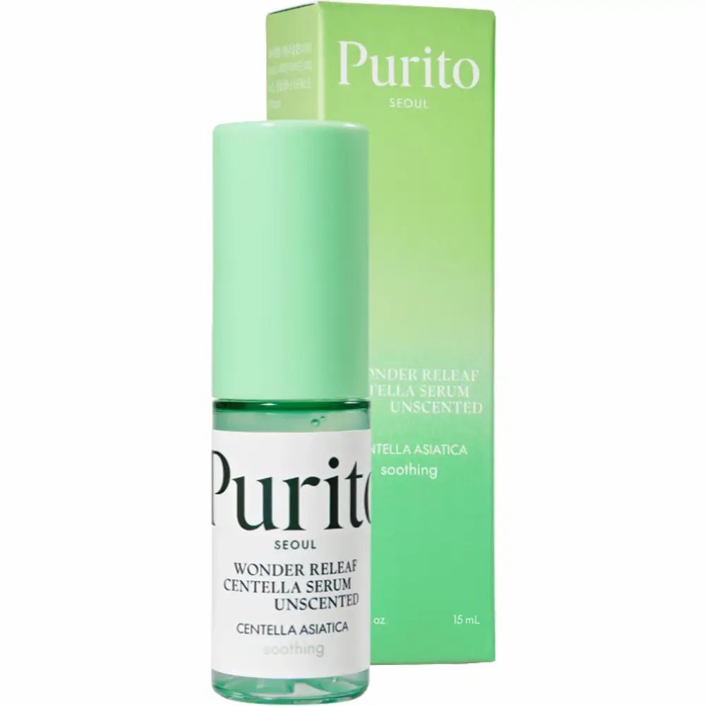 Flacone di siero verde con testo bianco e confezione verde. Scritta: Purito, Wonder Releaf Centella Serum Unscented, Centella Asiatica.