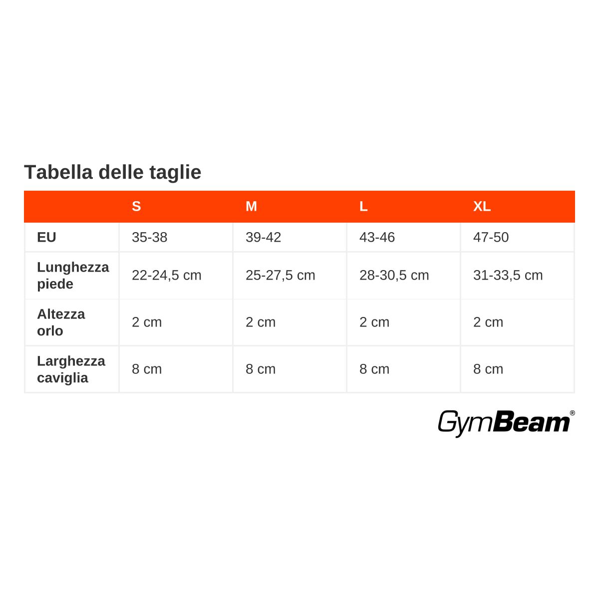 Tabella taglie per calze GymBeam: taglie UE S-XL, lunghezza piede 22-33,5 cm, altezza gambale 2 cm, larghezza polpaccio 8 cm.