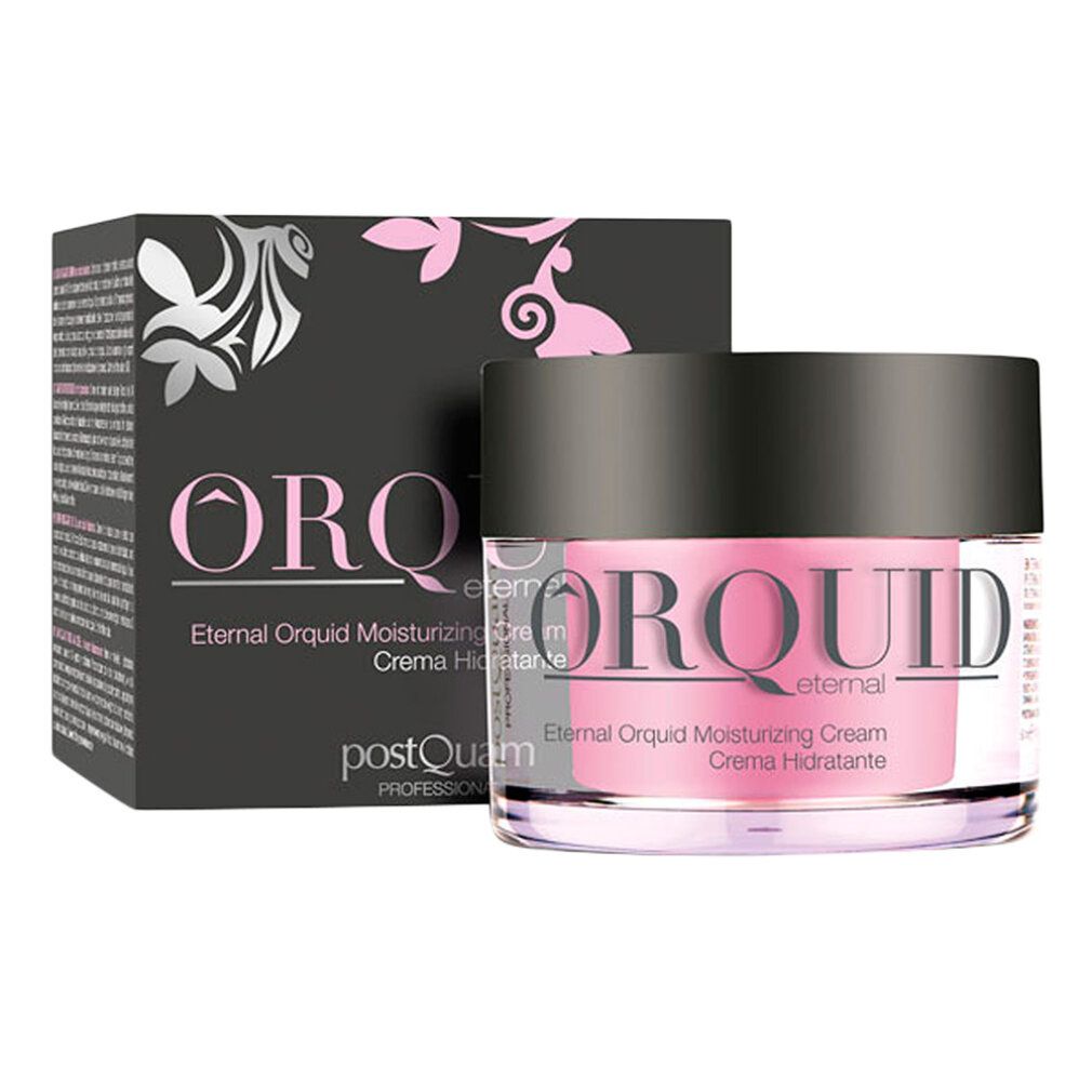 Crema idratante giorno Postquam Orquid Eternal in un barattolo di vetro con coperchio nero e scatola.