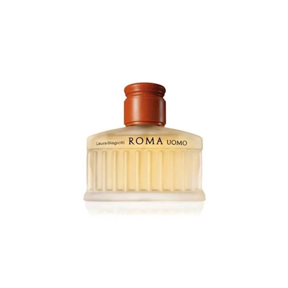 Flacone di profumo con tappo marrone, scritta Roma Uomo.