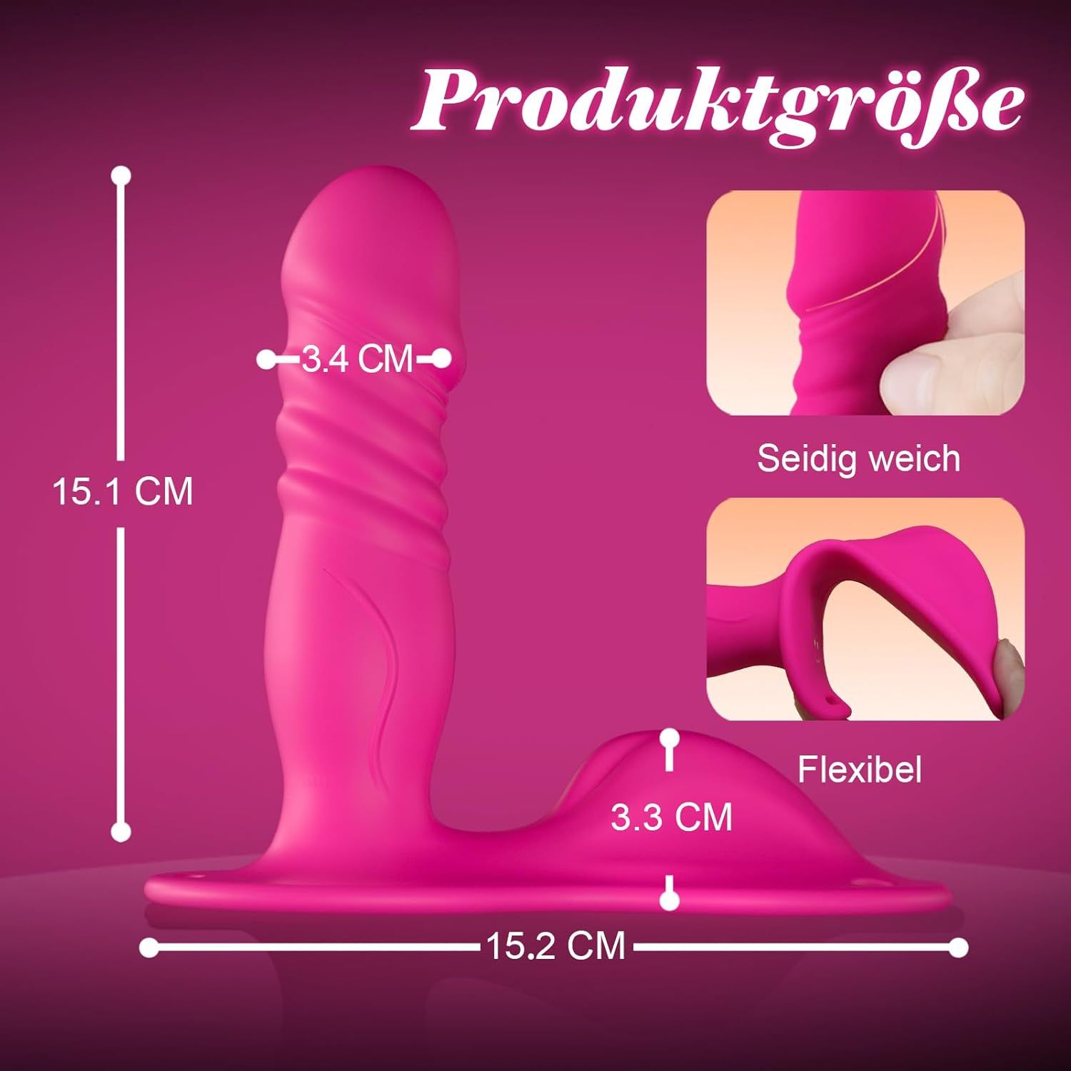 Dildo rosa con dimensioni: 15,1 cm di altezza, 15,2 cm di larghezza. Viste dettagliate: 3,4 cm, 3,3 cm. Testo: flessibile, setoso.