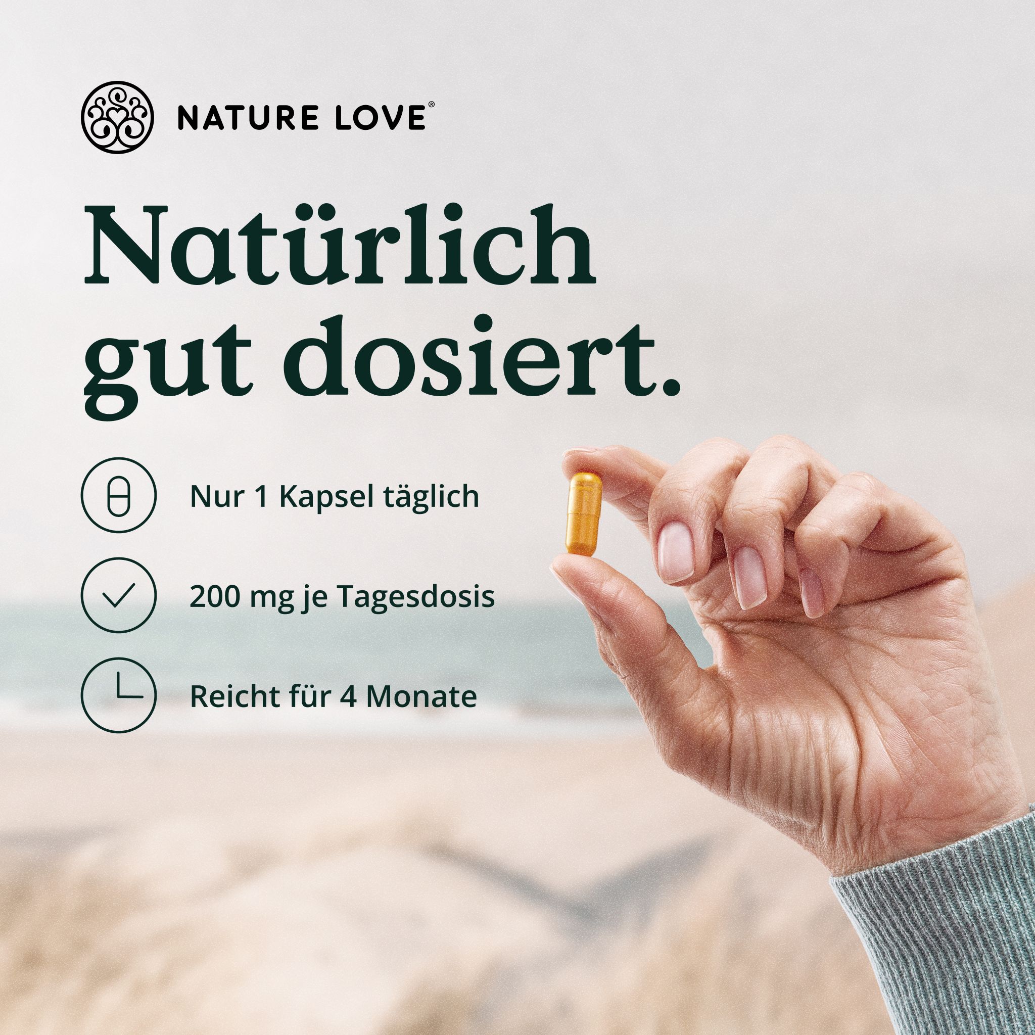 Mano che tiene una capsula, testo: Naturalmente ben dosato. Solo 1 capsula al giorno, 200 mg per dose giornaliera.