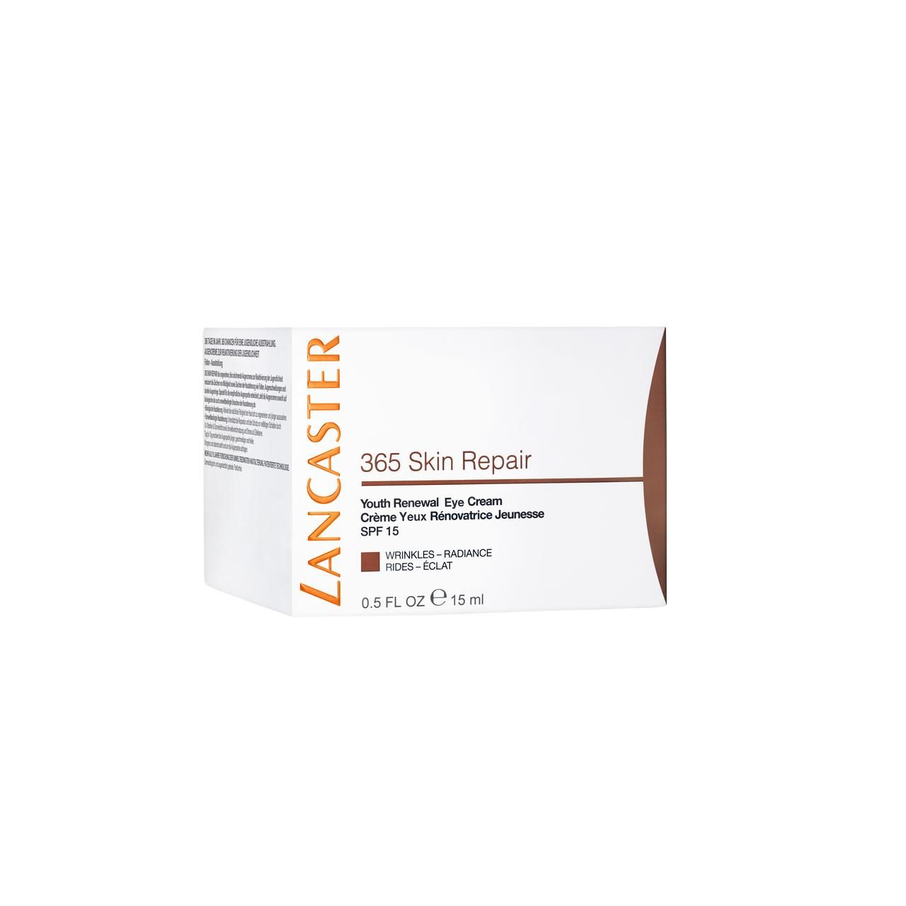 Confezione con scritta: Lancaster 365 Skin Repair Youth Renewal Eye Cream. Testo marrone su sfondo bianco.