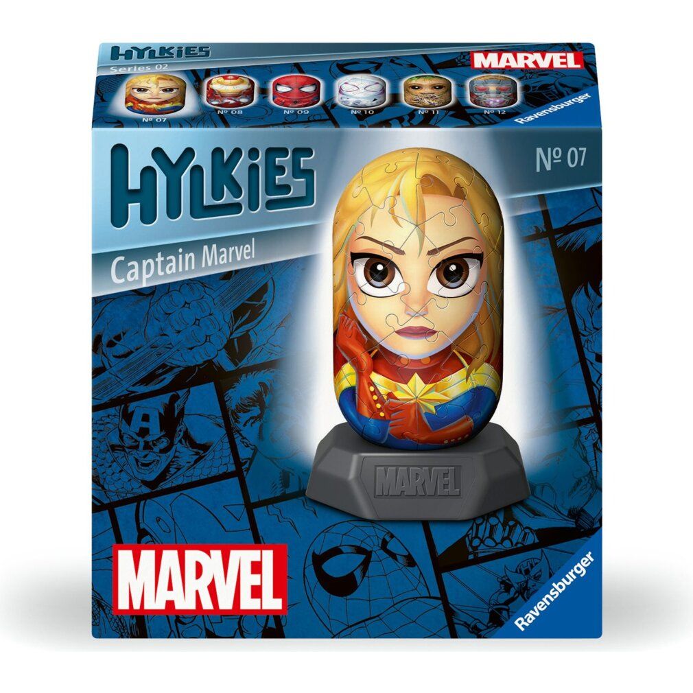 Scatola del puzzle 3D Captain Marvel Hylkies. Puzzle ovale su base. Logo Marvel. Scritte Hylkies e Captain Marvel.
