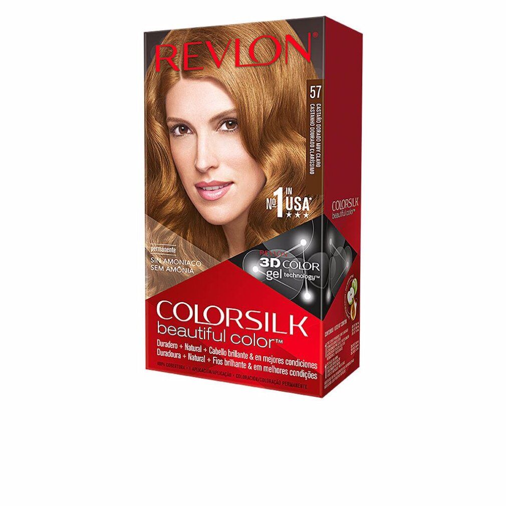 Confezione di tinta per capelli Revlon Colorsilk 57 Lightest Golden Brown. Donna con capelli castano dorato. Testo: senza ammoniaca, tecnologia 3D Color Gel.