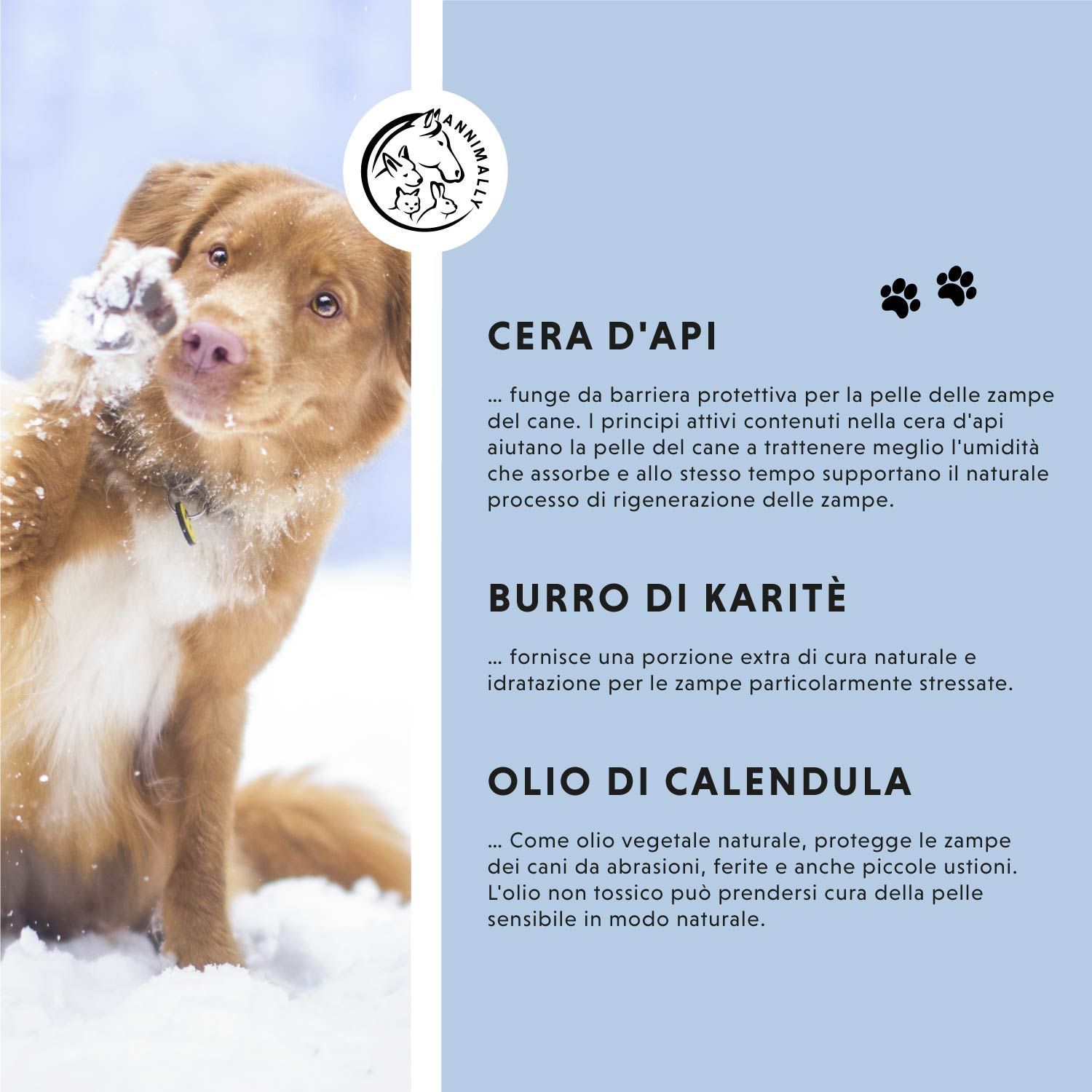 Cane con zampa. Testo su cera d'api, burro di karité, olio di calendula. Logo con cane, gatto. Testo sugli ingredienti e i loro effetti.