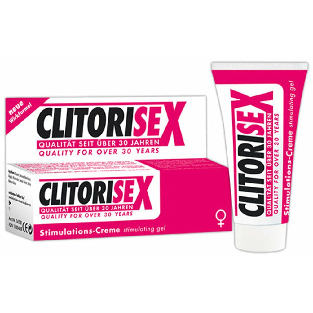 Confezione del prodotto con scatola pieghevole e tubo. Scritta: CLITORISEX. Supplemento: Crema stimolante. Qualità da oltre 30 anni.