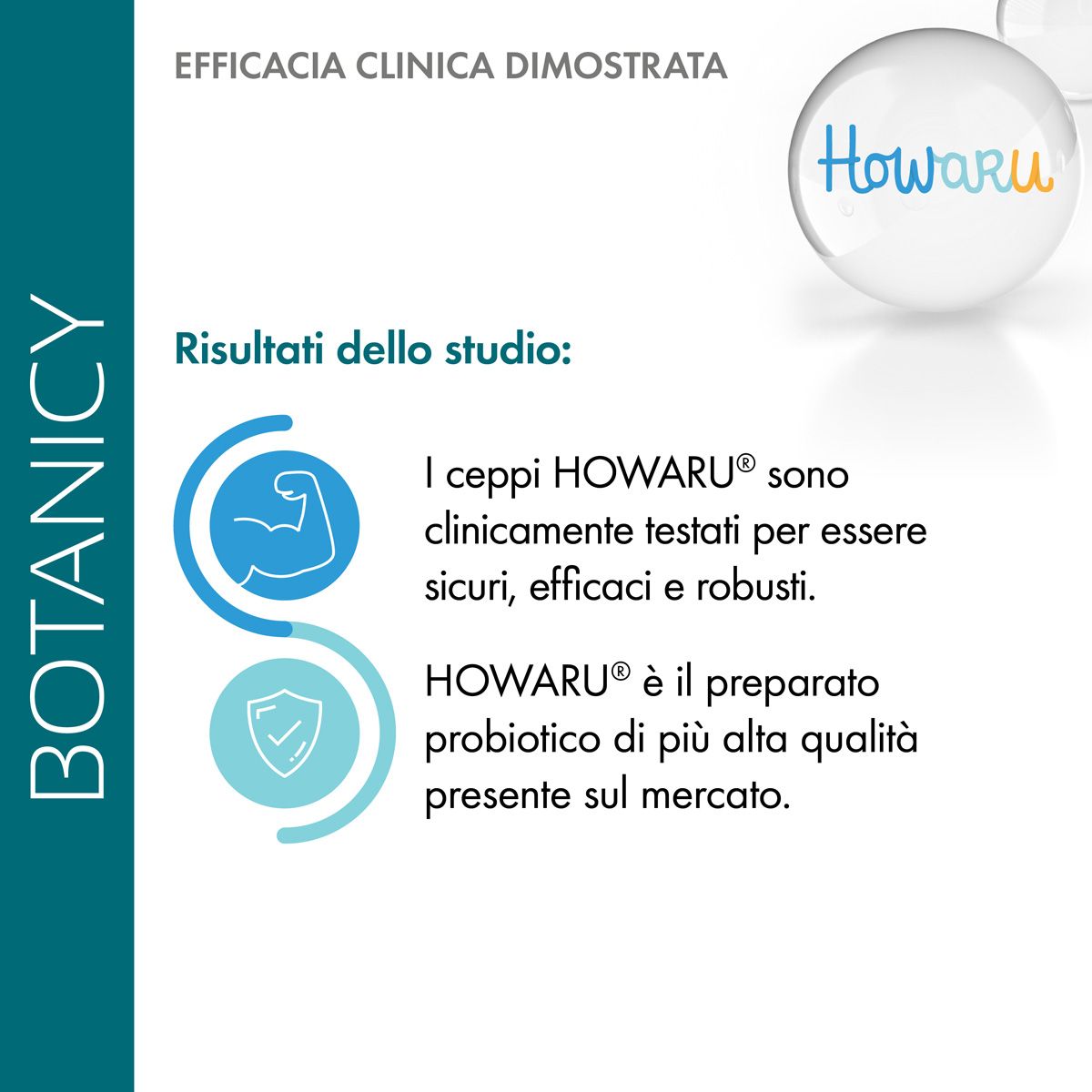 Infografica. I ceppi HOWARU sono clinicamente testati. HOWARU è il probiotico di altissima qualità sul mercato.