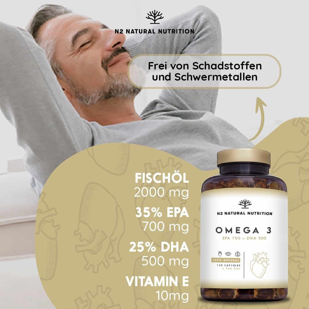 Uomo sdraiato. Testo: Privo di contaminanti e metalli pesanti. Olio di pesce, EPA, DHA, Vitamina E. Flacone Omega 3.