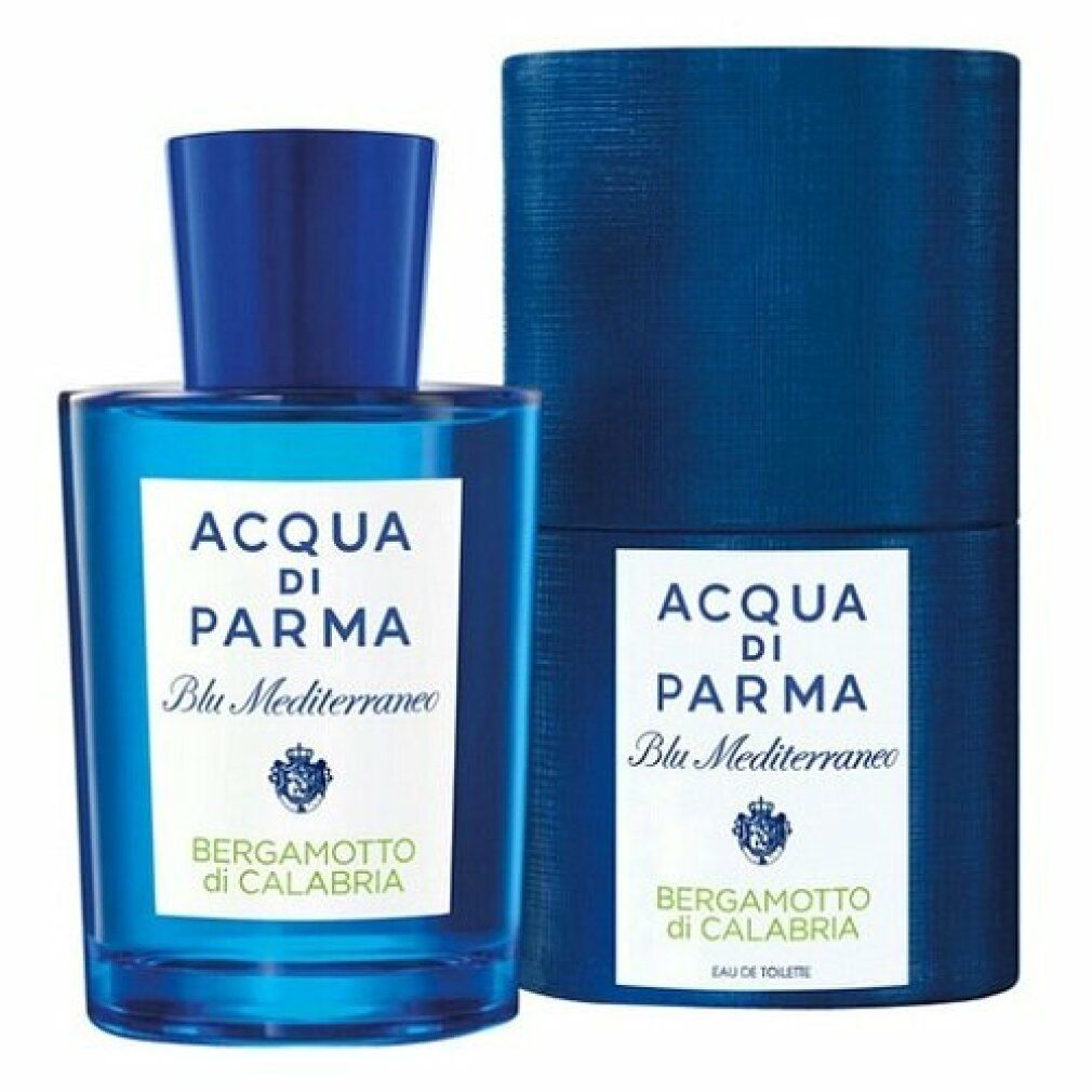 Flacone di profumo blu e confezione cilindrica. Scritta: Acqua di Parma Blu Mediterraneo Bergamotto di Calabria.
