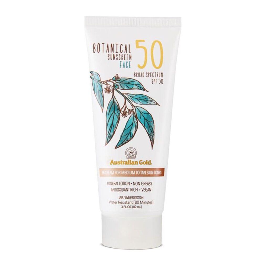 Tubo di crema solare "Botanical Sunscreen Face 50". Illustrazione di foglie e scritta "Australian Gold". SPF 50.