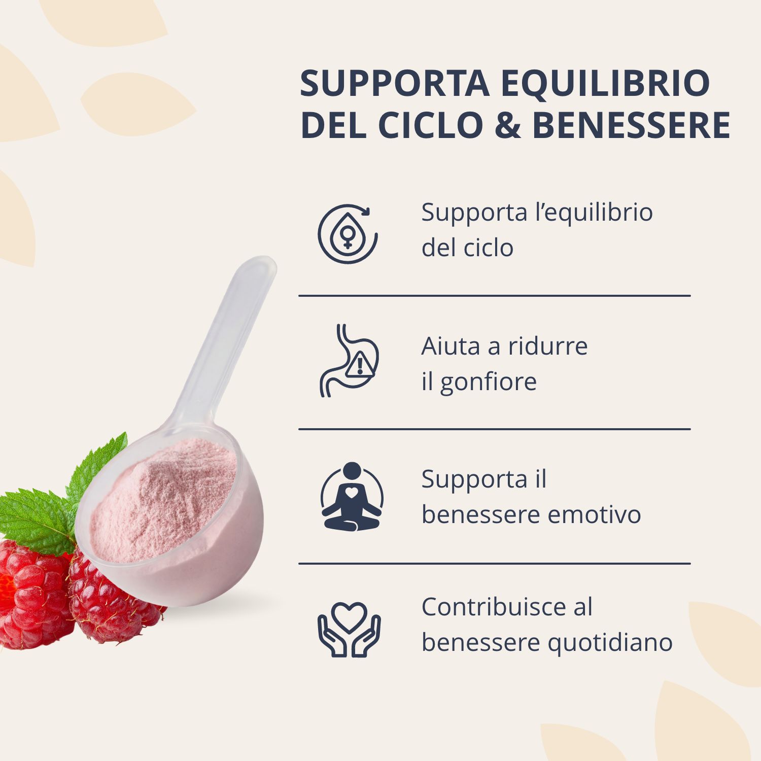Cinque caselle informative sugli ingredienti e un contenitore in vetro con polvere rosa.
