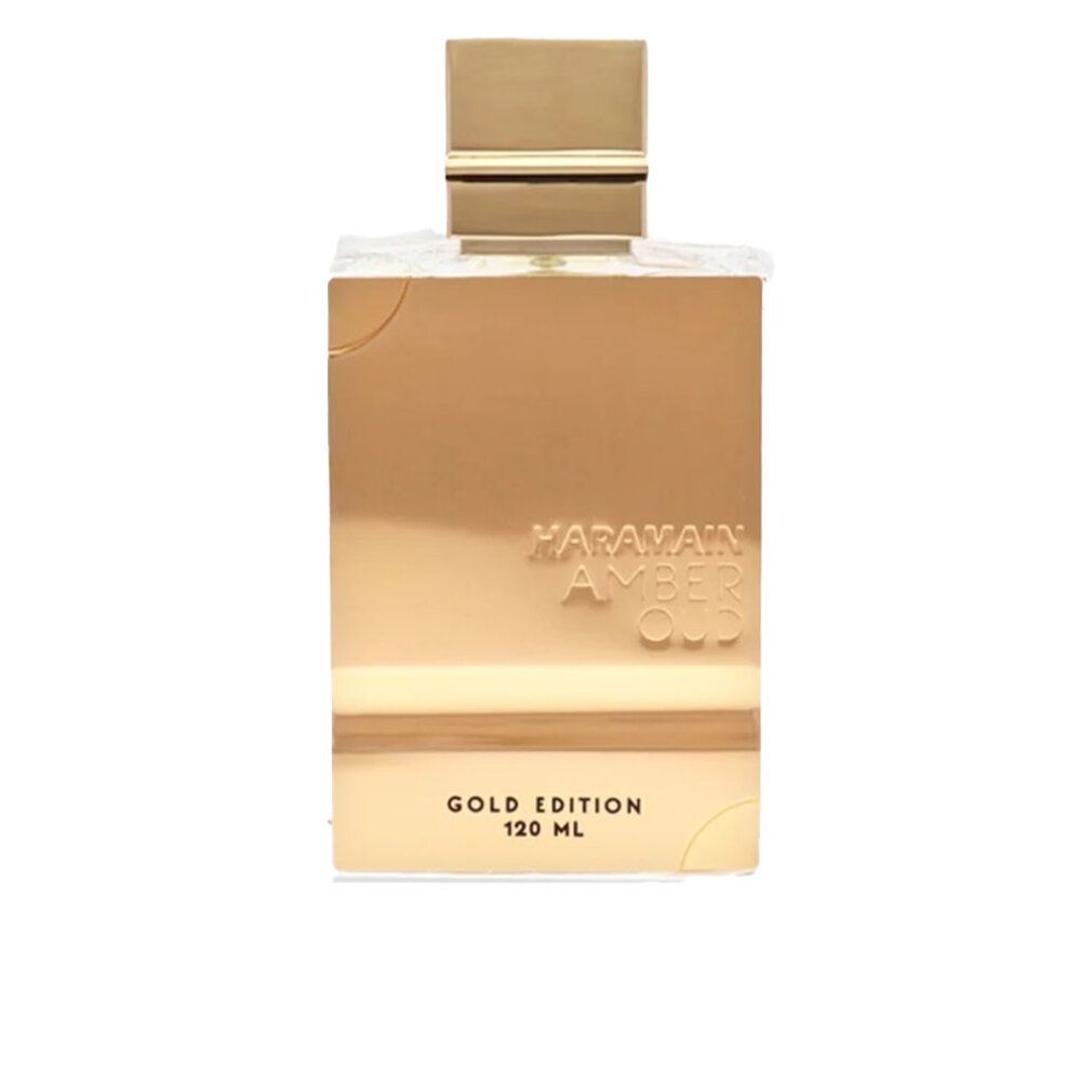 Flacone di profumo dorato. Scritta: Al Haramain, Amber Oud Gold Edition, 120 ml.