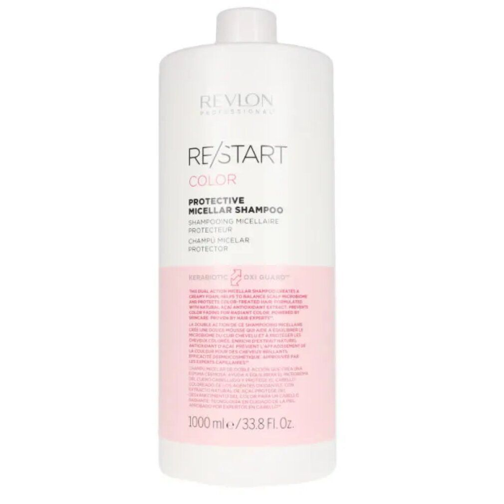 Flacone di shampoo bianco con etichetta rosa. Scritta: Revlon Re-Start Color Protective Micellar Shampoo. 1000ml/33.8 fl oz.
