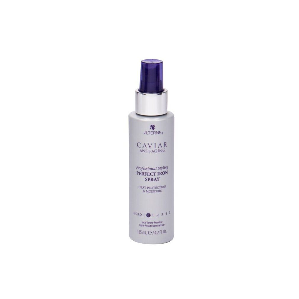 Spray Alterna Caviar Perfect Iron. Flacone argento con erogatore viola. Testo: Caviar Anti-Aging, Perfect Iron Spray, protezione termica e idratazione.