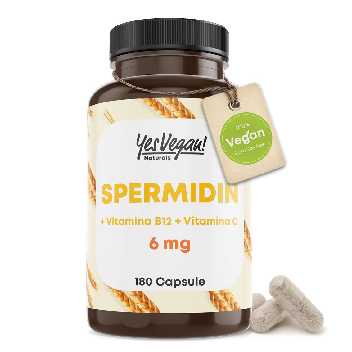 Grafica con capsula e testo che spiega la facilità d'uso delle capsule di spermidina. 180 Capsules.