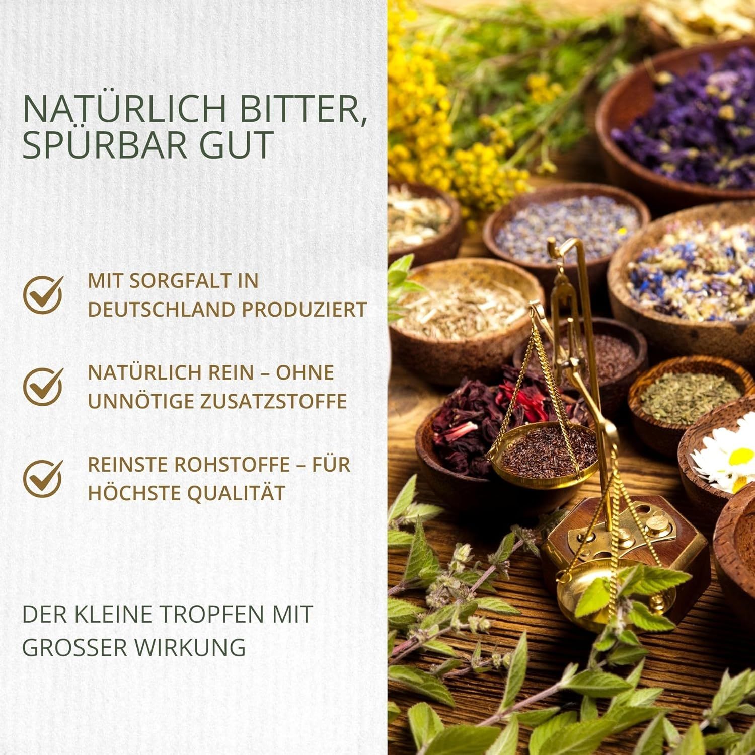 Varie erbe e bilancia. Testo: Naturalmente amaro, notevolmente buono. Prodotto con cura in Germania.