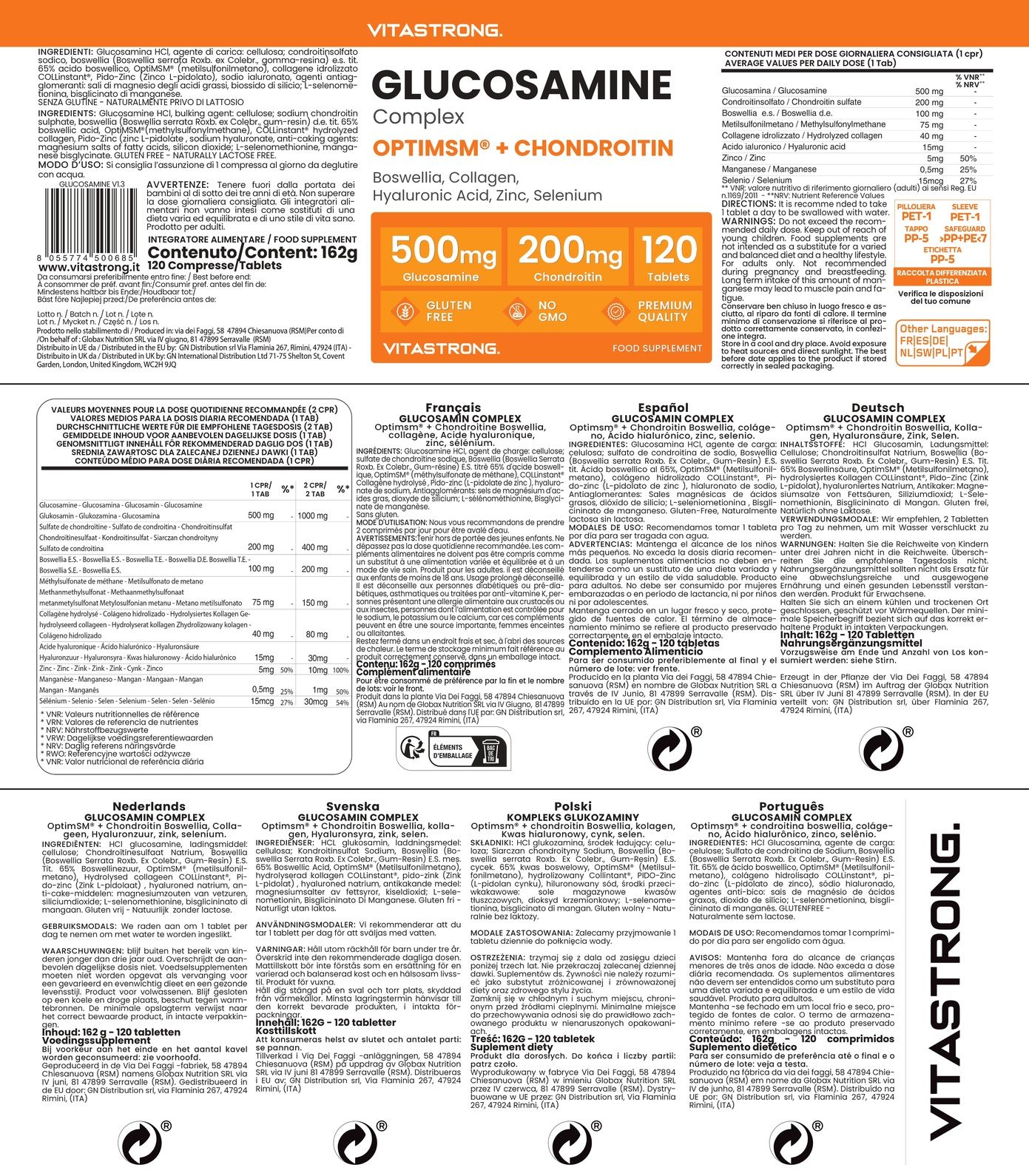Confezione di Vitastrong Glucosamine Complex. Informazioni multilingue. Informazioni nutrizionali, ingredienti.
