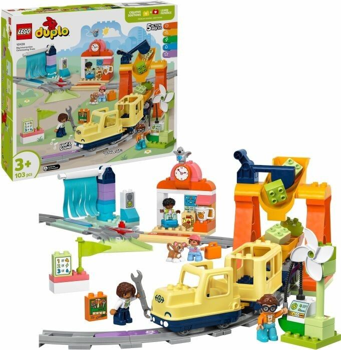 Set LEGO Duplo con treno giallo, binari, personaggi e accessori. Confezione con immagine del prodotto.