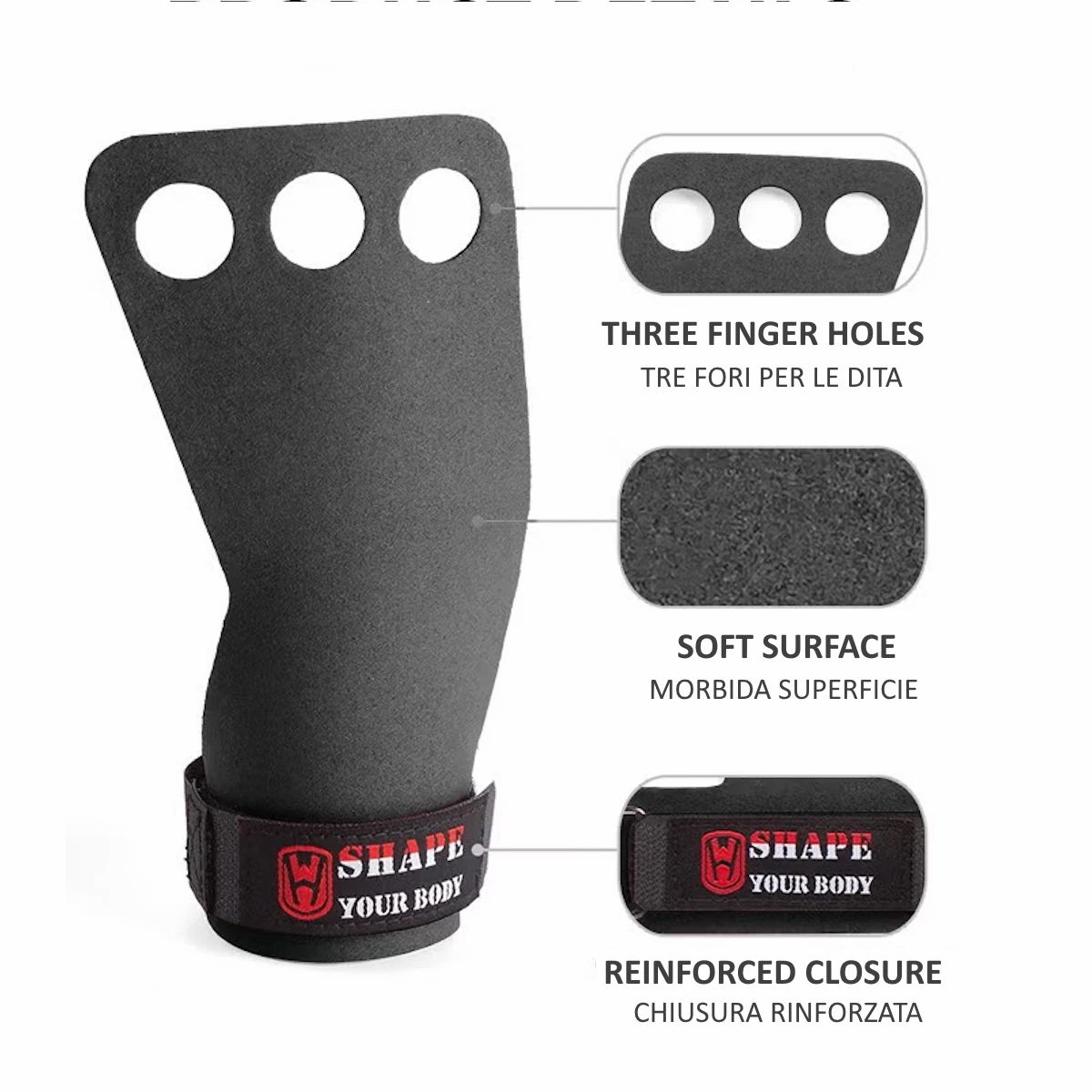 Rinforzi per impugnatura neri con tre fori per le dita, superficie morbida e chiusura in velcro con logo.