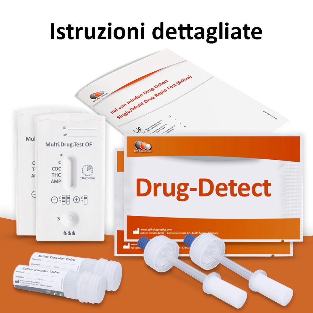 Kit di test antidroga. Include cassette di test, provette e istruzioni. Marchio: self-diagnostics.