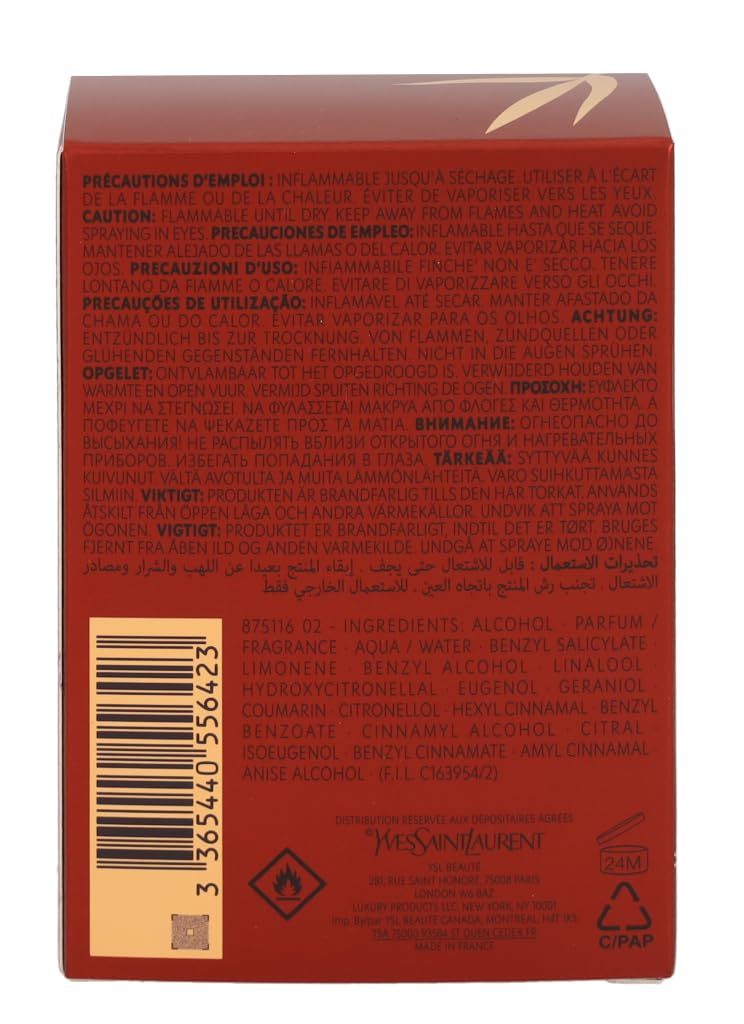 Scatola rossa con testo e avvertenze. Scritta "Yves Saint Laurent". Codice a barre e ingredienti.