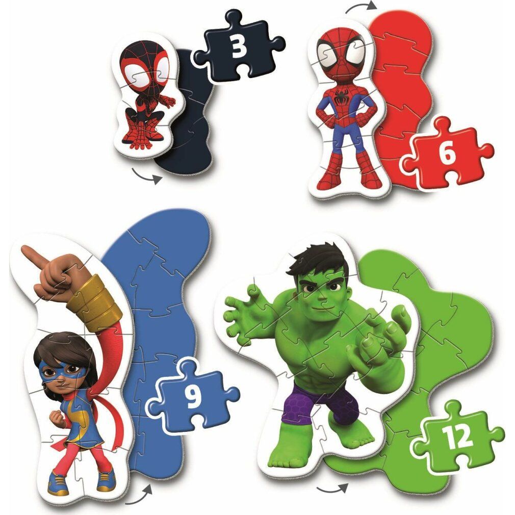 Pezi puzzle con personaggi Marvel: Spidey, Miles Morales, Ms. Marvel e Hulk. Pezzi numerati 3, 6, 9 e 12.