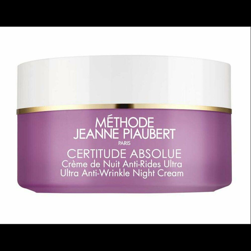 Vaso di crema con coperchio bianco e contenitore viola. Scritta: Certitude Absolue, Crème de Nuit Anti-Rides Ultra. Marchio: Jeanne Piaubert.