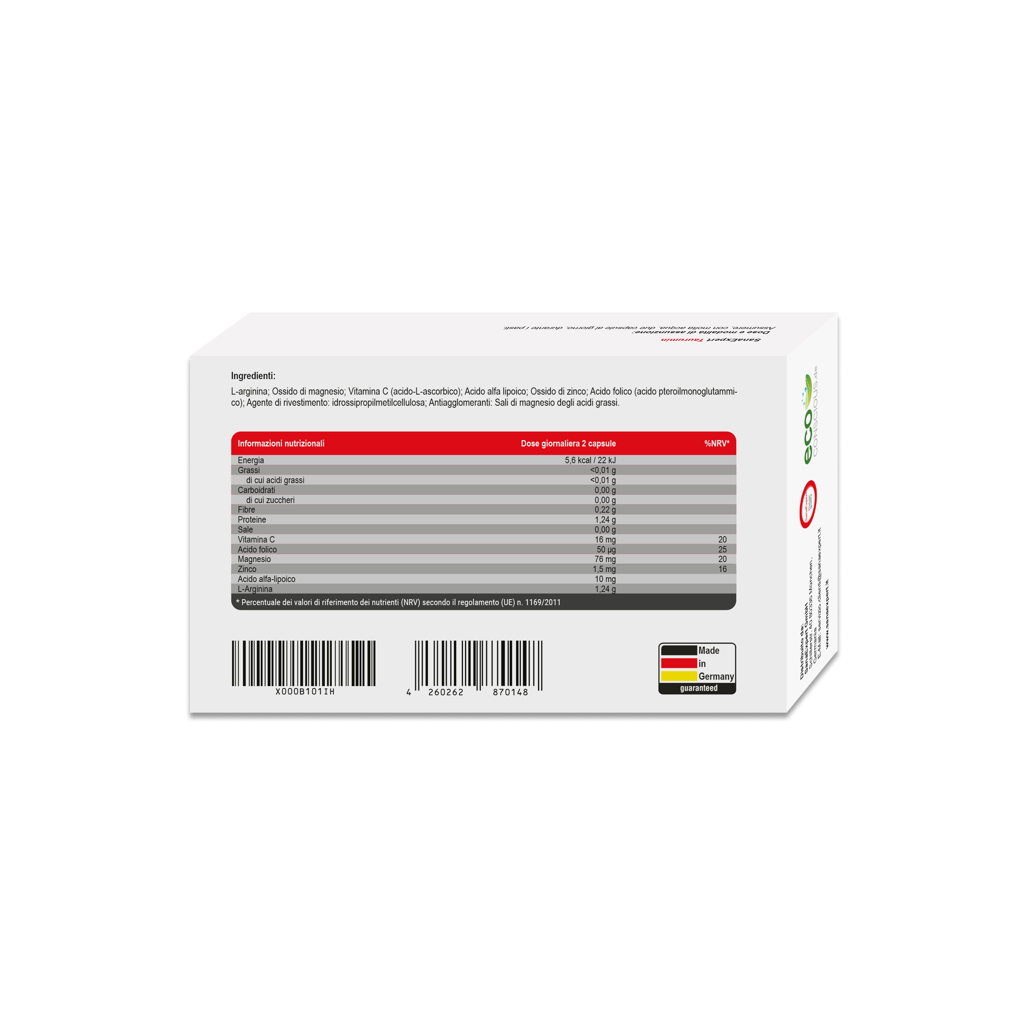 Retro confezione SanaExpert Taurumin. Contiene informazioni sugli ingredienti e il valore nutrizionale.