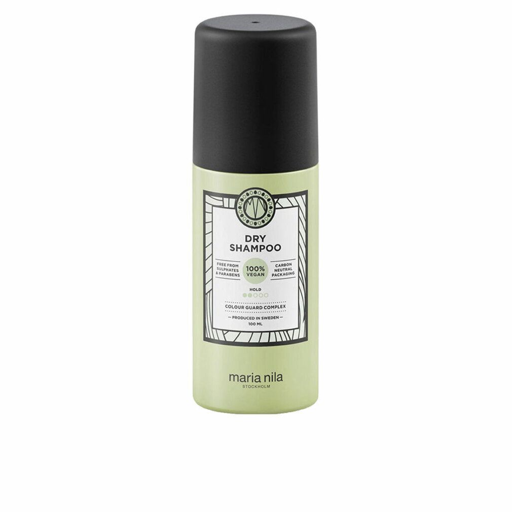 Shampoo secco verde con tappo nero. Scritta: Dry Shampoo, 100% Vegan, Colour Guard Complex. Marchio: Maria Nila.