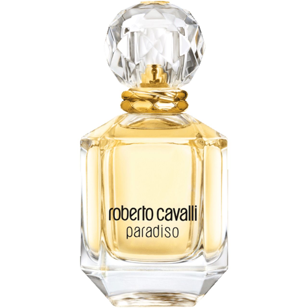 Roberto Cavalli Paradiso E.d.P. Nat. Spray. Flacone in vetro angolare con tappo dorato.
